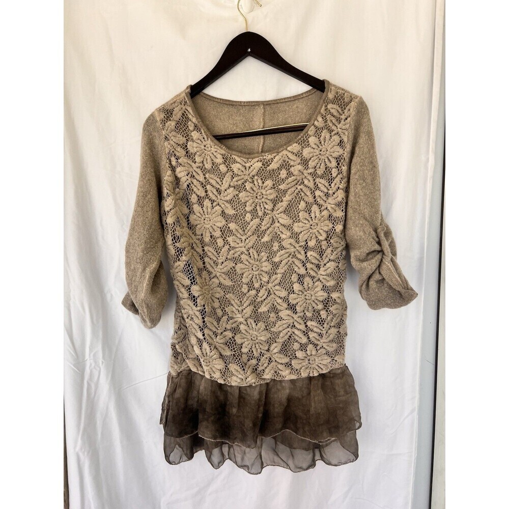 Women’s Knit Tunic Silk Top Beige Lace Floral Sheer Ruffle Hem Mori Coquette